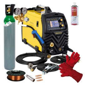 MAGNUM MIG 222 DUAL PULS SYNERGIA LCD - Spawarka + Pełna butla do spawania CO2 8L + Reduktor CO2/Ar + Drut do stali 0.8mm 5 kg + Rękawice spawalnicze + MIG spray + 3x Końcówka prądowa do stali + Dysza gazowa