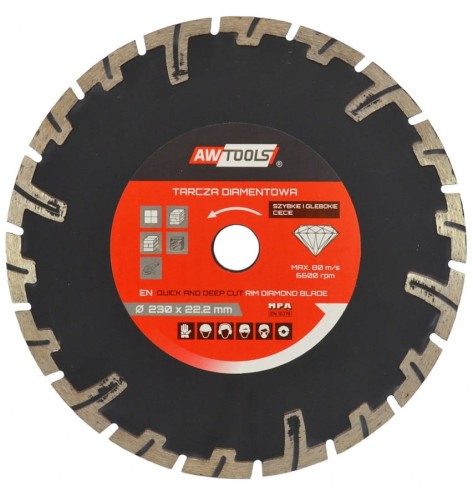 AWTOOLS AW45404 - Tarcza diamentowa segmentowa do betonu 230x22.2 mm - głębokie cięcie