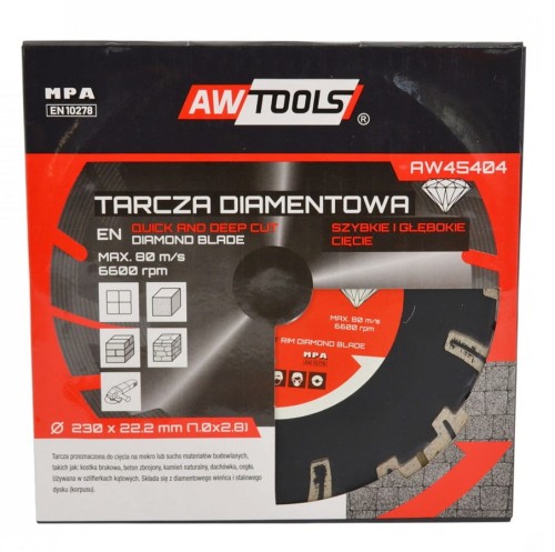 AWTOOLS AW45404 - Tarcza diamentowa segmentowa do betonu 230x22.2 mm - głębokie cięcie