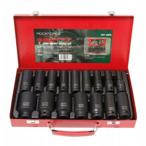 ROCKFORCE RF-4167-5MPB - Zestaw długich nasadek udarowych 10-36mm 1/2" - 16 szt