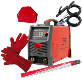 IDEAL V-ARC 201 - Spawarka inwertorowa + rękawice spawalnicze + kątownik magnetyczny + Elektrody rutylowe - łatwospawalne