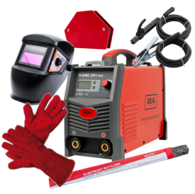 IDEAL V-ARC 201 - Spawarka inwertorowa + przyłbica samosciamniajaca + rękawice spawalnicze + kątownik magnetyczny + Elektrody rutylowe - łatwospawalne