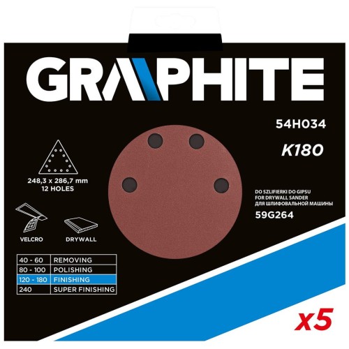 Graphite 54H034 - Papier ścierny trójkątny na rzep K180 do szlifierki 59G264 - 5 szt