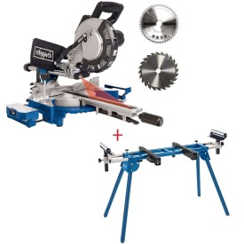 Scheppach HM216 - Piła ukośna z posuwem 216 mm z dodatkową tarczą z miekkim startem + Stół roboczy UMF2000