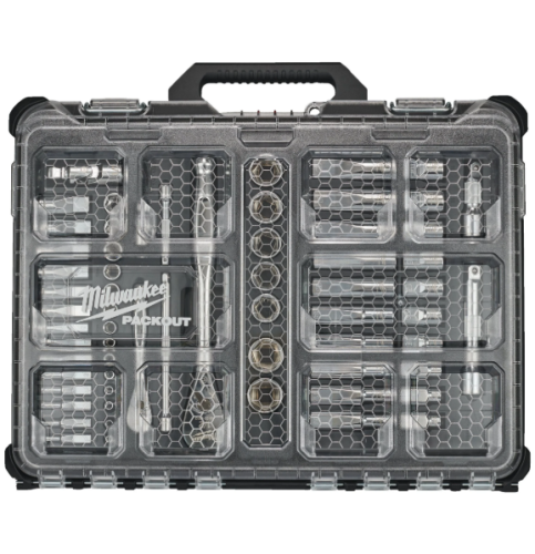 Milwaukee Packout 1/4" + 1/2" 63 pc Ratchet/Socket Set - Zestaw nasadek metrycznych 1/4” i 1/2” z grzechotką w organizerze PACKOUT - 63 szt.