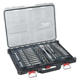Milwaukee Packout 1/4" + 1/2" 63 pc Ratchet/Socket Set - Zestaw nasadek metrycznych 1/4” i 1/2” z grzechotką w organizerze PACKOUT - 63 szt.