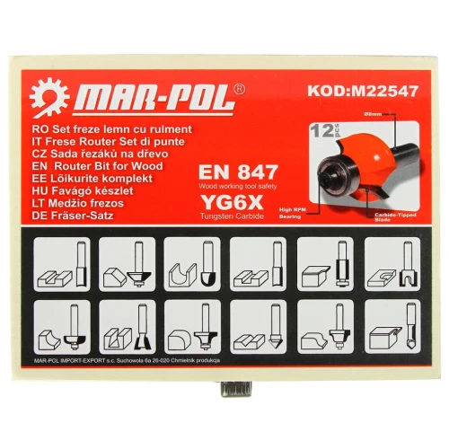 MARPOL M22547 - Zestaw frezów do drewna z łożyskiem - 12 szt