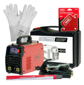 IDEAL PRAKTIK 200 LED SYNERGY - Spawarka + rękawice spawalnicze + kątownik magnetyczny + Elektrody rutylowe - łatwospawalne