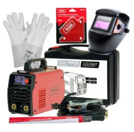 IDEAL PRAKTIK 200 LED SYNERGY - Spawarka + przyłbica samosciemniajaca + rękawice spawalnicze + kątownik magnetyczny + Elektrody rutylowe - łatwospawalne