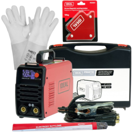 IDEAL PRAKTIK 220 LED SYNERGY - Spawarka + rękawice spawalnicze + kątownik magnetyczny + Elektrody rutylowe - łatwospawalne