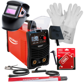 WELDMAN ARC 250 - Spawarka + przyłbica samosciemniajaca + rękawice spawalnicze + kątownik magnetyczny + Elektrody rutylowe - łatwospawalne