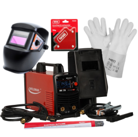 Weldman ARC 270 - Spawarka + przyłbica samosciemniajaca + rękawice spawalnicze + kątownik magnetyczny + Elektrody rutylowe - łatwospawalne