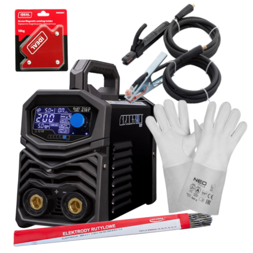 Spartus EasyARC 216P - Inwertorowa spawarka MMA z pulsem + rękawice spawalnicze + kątownik magnetyczny + Elektrody rutylowe - łatwospawalne 1 kg