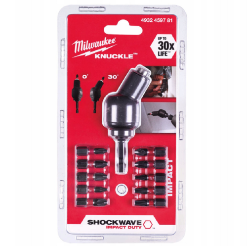 Milwaukee 4932459781 - Kątowa nasadka udarowa 1/4" Knuckle z bitami PH1-PH2/ PZ1-PZ3/ TX15-TX25