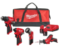 Milwaukee M12 BLPP4A-202B - Zestaw combo wiertarko-wkrętarka + zakrętarka udarowa + piła szablasta + latarka