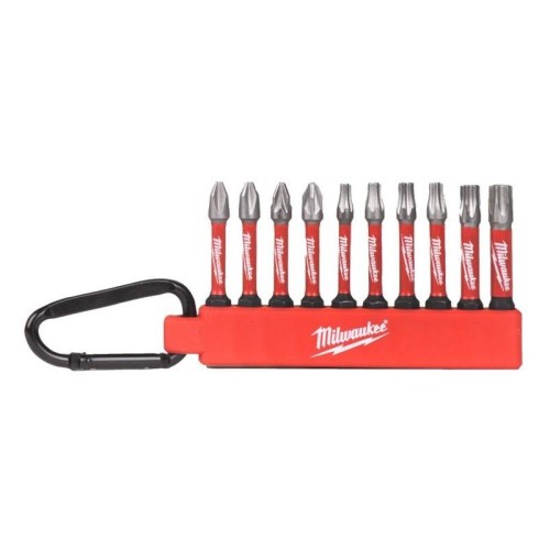 MILWAUKEE 4932492939 - Zestaw bitów udarowych Shockwave do śrub Phillips, Pozidriv i Torx, PH2, PZ2, TX20 - TX25 (10 szt.) + karabińczyk