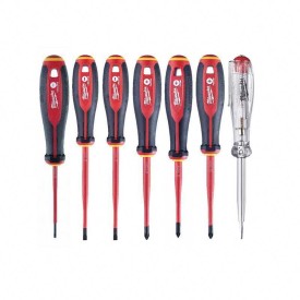 MILWAUKEE 4932478738 - Zestaw 7 wkrętaków izolowanych VDE płaskie, Phillips, Pozidriv, 2,5 - 4 mm, PH2, PZ1 - PZ2, próbnik napięcia