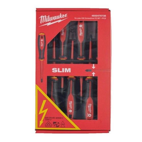 MILWAUKEE 4932478738 - Zestaw 7 wkrętaków izolowanych VDE płaskie, Phillips, Pozidriv, 2,5 - 4 mm, PH2, PZ1 - PZ2, próbnik napięcia