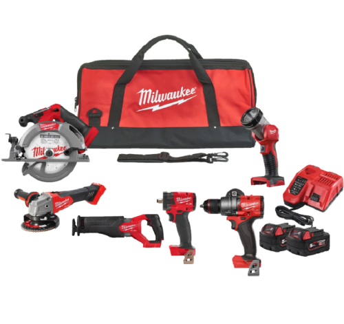 Milwaukee M18 FPP6H3-502B - Zestaw combo wiertarko-wkrętarka udarowa + klucz udarowy 1/2" + pilarka tarczowa 165 mm + piła szablasta + szlifierka kątowa 125 mm + latarka LED