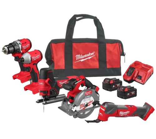 Milwaukee M18 BLCPP5A-502B - Zestaw combo wiertarko-wkrętarka + zakrętarka udarowa 1/4" + pilarka tarczowa 165 mm + narzędzie wielofunkcyjne +  wyrzynarka