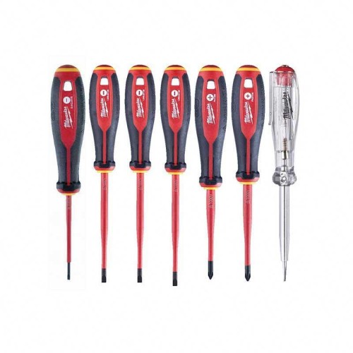 MILWAUKEE 4932478739 - Zestaw 7 wkrętaków izolowanych VDE płaskie, Phillips, 2,5 - 5,5 mm, PH1 - PH2, próbnik napięcia