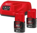 Milwaukee M12 NRG-302 - Zestaw 2 akumulatorów M12™, Li-ion 12 V, 3.0 Ah + ładowarka