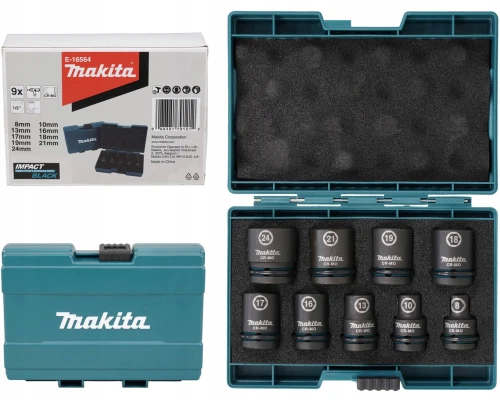 MAKITA E-16564 - Zestaw sześciokątnych nasadek udarowych czarnych 8-24mm 1/2" CR-MO 9 sztuk