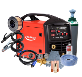 WELDMAN MISTRAL MIG 200 - Spawarka + Pełna butla do spawania AR/CO2 8L + Reduktor CO2/Ar + Drut do stali 0,8mm 5 kg + Rękawice spawalnicze + MIG spray + 3x Końcówka prądowa do stali + Dysza gazowa