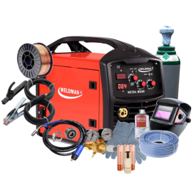 WELDMAN MISTRAL MIG 200 - Spawarka + przyłbica samosciemniająca + reduktor CO2/AR + Drut 0.8mm /5kg + rękawice spawalnicze + Pełna butla do spawania CO2 8L + spray MIG + 3 końcówki prądowe + dysza