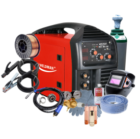 WELDMAN MIDI MIG 220 - Spawarka + przyłbica samosciemniająca + reduktor CO2/AR + Drut 0.8mm /5kg + rękawice spawalnicze + Pełna butla CO2 8L + spray MIG + 3 końcówki prądowe + dysza