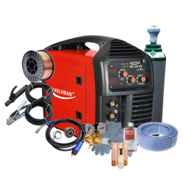 WELDMAN MIDI MIG 220 - Spawarka + Pełna butla do spawania CO2 8L + Reduktor CO2/Ar + Drut do stali 0.8mm 5 kg + Rękawice spawalnicze + MIG spray + 3x Końcówka prądowa do stali + Dysza gazowa