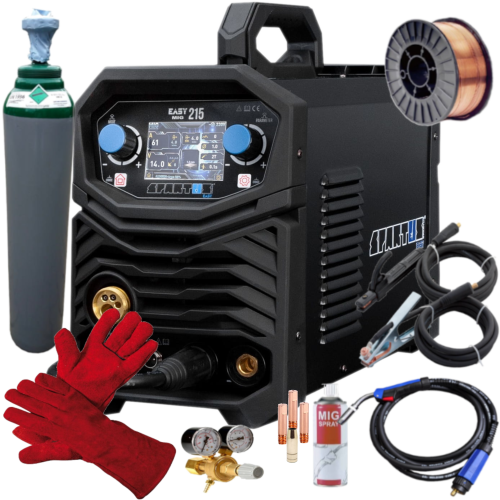 Spartus EasyMIG 215  - Spawarka + Pełna butla do spawania CO2 8L + Reduktor CO2/Ar + Drut do stali 0.8mm 5 kg + Rękawice spawalnicze + MIG spray + 3x Końcówka prądowa do stali + Dysza gazowa