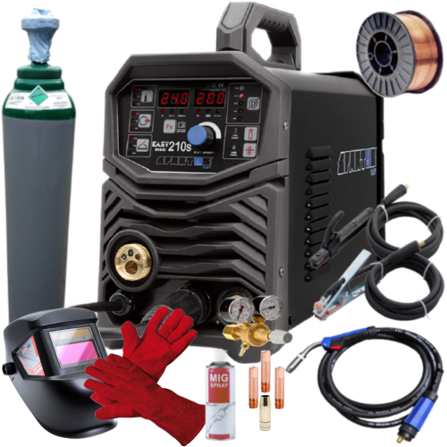 Spartus EasyMIG 210S - Spawarka + przyłbica samosciemniajaca + reduktor CO2 AR + drut do stali 0.8 mm 5kg + rekawice spawalnicze + Pełna butla do spawania CO2 8L + Preparat ochrony MIG spray + 3 końcówki prądowe + dysza