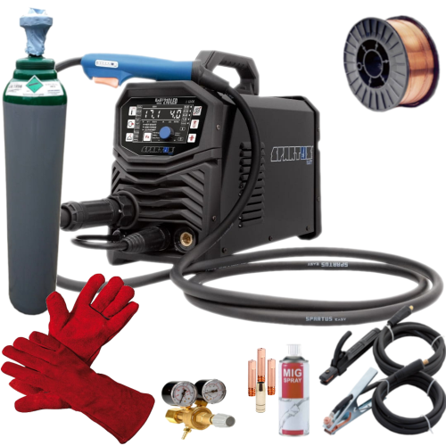 Spartus EasyMIG 210LED - Spawarka + Pełna butla do spawania CO2 8L + Reduktor CO2/Ar + Drut do stali 0.8mm 5 kg + Rękawice spawalnicze + MIG spray + 3x Końcówka prądowa do stali + Dysza gazowa