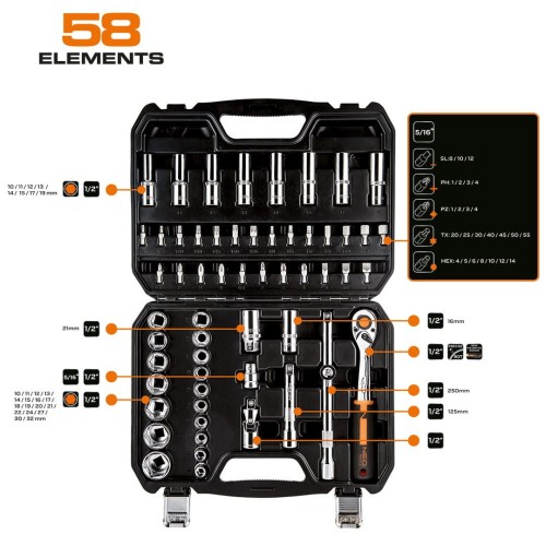 Neo Tools 10-042  - Zestaw kluczy nasadowych CRV 1/2'' - 58 elementów