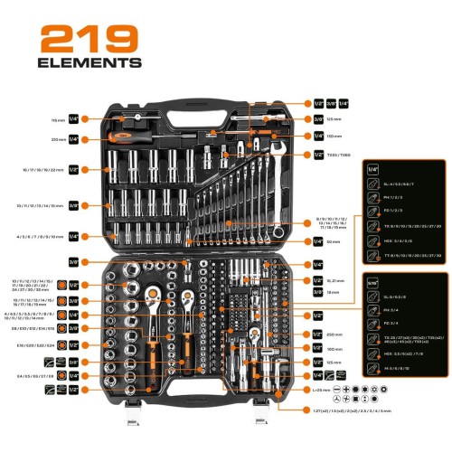 Neo Tools 10-076 - Zestaw kluczy nasadowych CRV 1/2''.3/8''. 1/4'' - 219 elementów