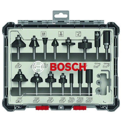 Bosch 2607017471 - Zestaw frezów z trzpieniem 6 mm - 15 elementów