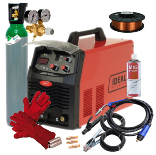 IDEAL PRAKTIK MIG 200V2 - Spawarka + Pełna butla do spawania CO2 8L + Reduktor CO2/Ar + Drut do stali 0.8mm 5 kg + Rękawice spawalnicze + MIG spray + 3x Końcówka prądowa do stali + Dysza gazowa
