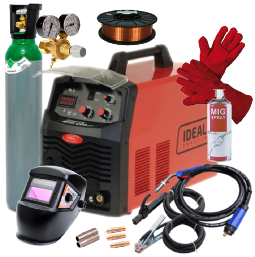 IDEAL PRAKTIK MIG 200V2 - Spawarka + przyłbica samosciemniajaca + reduktor CO2 AR + drut do stali 0.8 mm 5kg + rekawice spawalnicze + Pełna butla do spawania CO2 8L + Preparat ochrony MIG spray + 3 końcówki prądowe + dysza