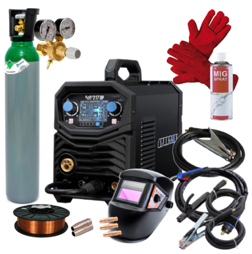 Spartus EasyMIG 217 Dual Pulse - Spawarka + przyłbica samosciemniajaca + reduktor CO2 AR + drut do stali 0.8 mm 5kg + rekawice spawalnicze + Pełna butla do spawania CO2 8L + Preparat ochrony MIG spray + 3 końcówki prądowe + dysza