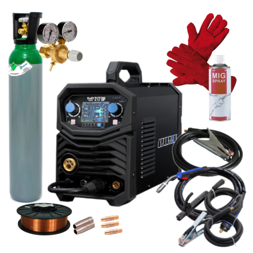 Spartus EasyMIG 217 Dual Pulse - Spawarka + Pełna butla do spawania CO2 8L + Reduktor CO2/Ar + Drut do stali 0.8mm 5 kg + Rękawice spawalnicze + MIG spray + 3x Końcówka prądowa do stali + Dysza gazowa
