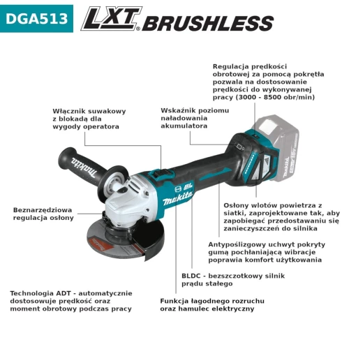 MAKITA DGA513RT3J - Akumulatorowa Szlifierka kątowa 125 MM z regulacją obrotów (3 akumulatory)