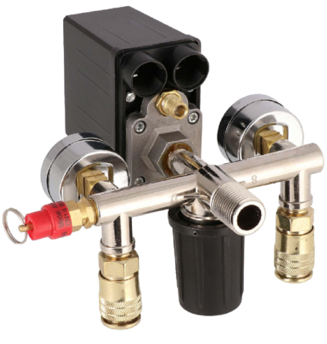 Airpress 36840-R - Reduktor ciśnienia z wyłącznikiem ciśnieniowym z 2 manometrami i 2 szybkozłączami