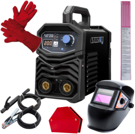 Spartus EasyARC 205 - Inwertorowa spawarka MMA + przyłbica samosciemniajaca + rękawice spawalnicze + trójkąt magnetyczny mały 15 kg 6-kąt + Elektrody rutylowe - łatwospawalne 1 kg