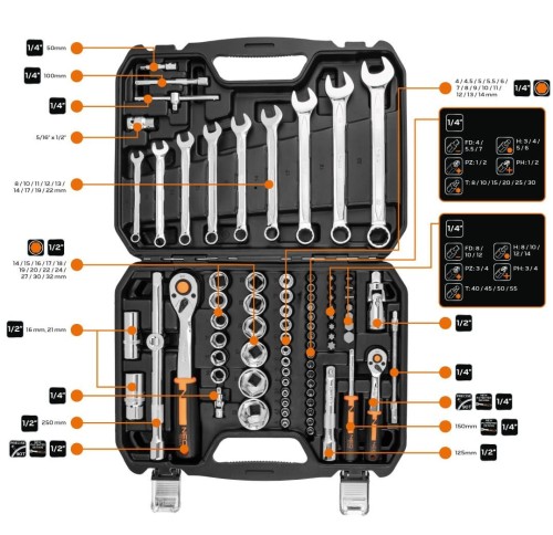 Neo Tools 10-059 - Zestaw kluczy nasadowych 1/2'' i 1/4'' - 82 elementy