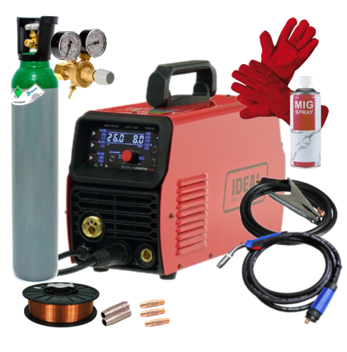 IDEAL TECNOMIG 202 LED - Spawarka + Pełna butla do spawania CO2 8L + Reduktor CO2/Ar + Drut do stali 0.8mm 5 kg + Rękawice spawalnicze + MIG spray + 3x Końcówka prądowa do stali + Dysza gazowa