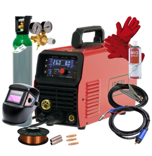 IDEAL TECNOMIG 202 LED - Spawarka + przyłbica samosciemniajaca + reduktor CO2 AR + drut do stali 0.8 mm 5kg + rekawice spawalnicze + Pełna butla do spawania CO2 8L + Preparat ochrony MIG spray + 3 końcówki prądowe + dysza
