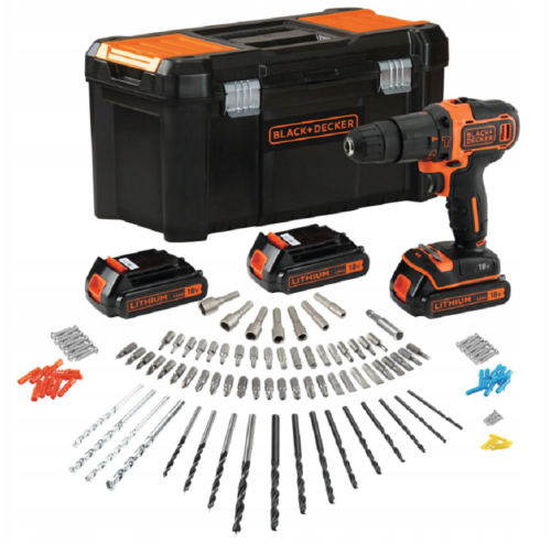 BLACK&DECKER BDCHD181B3A - Akumulatorowa wiertarko-wkrętarka udarowa 18 V + zestaw 120 akcesoriów