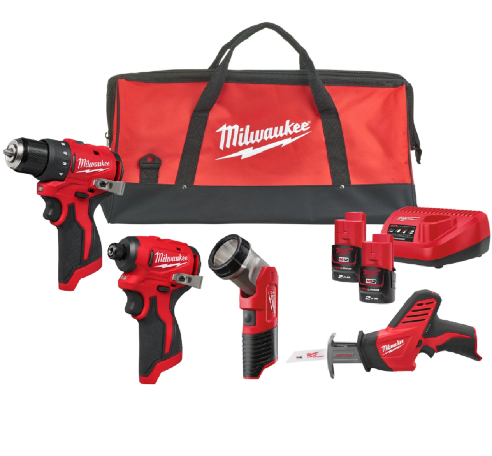 Milwaukee M12 BLPP4A-202B - Zestaw wiertarko-wkrętarka M12 BLDDRC + zakrętarka udarowa M12 BLIDRC + piła szablasta C12 HZ + latarka LED M12 TLED