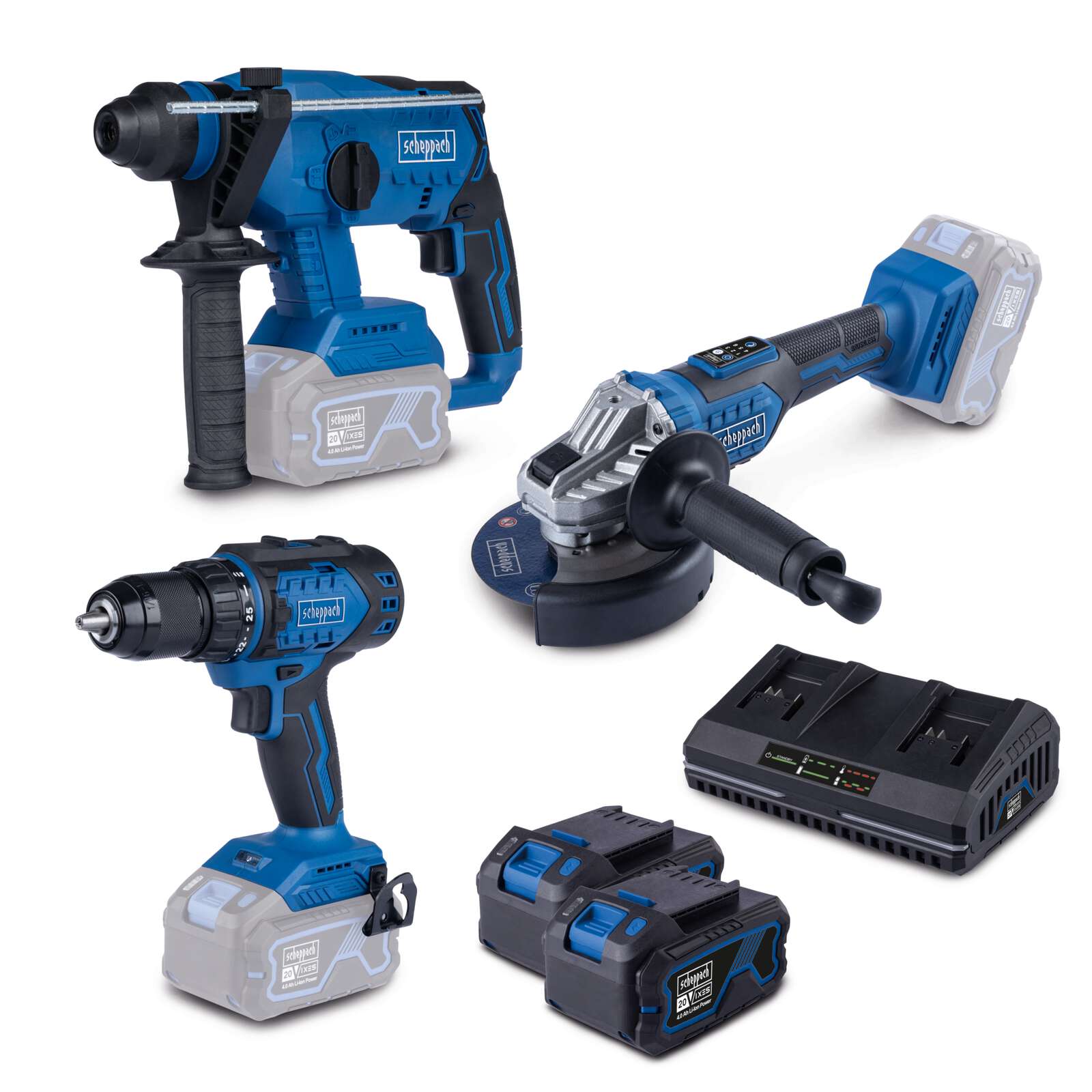 Scheppach BPS100  - Zestaw 3w1 20V wiertarko-wkrętarka szlifierka młotowiertarka